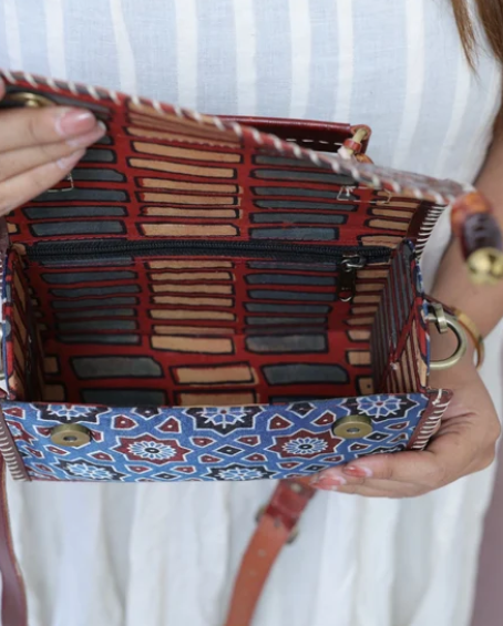 Indigo & Brown Ajrakh Hut – Handcrafted Silk & Leather Sling Bag
