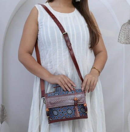 Indigo & Brown Ajrakh Hut – Handcrafted Silk & Leather Sling Bag