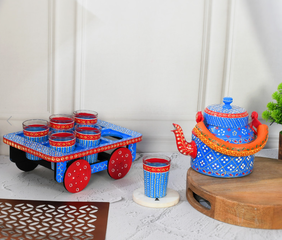 🎨 Hand-Painted Aluminium Tea Kettle Set with 6 Glasses & Wooden Tray