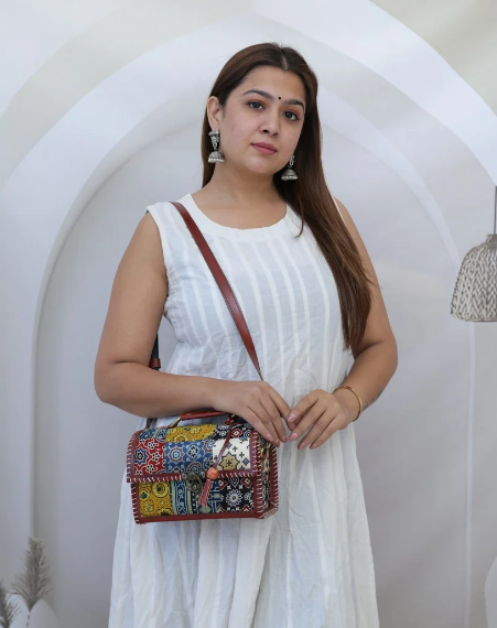 Ajrakh Patchwork Hut – The Leather Sling Bag
