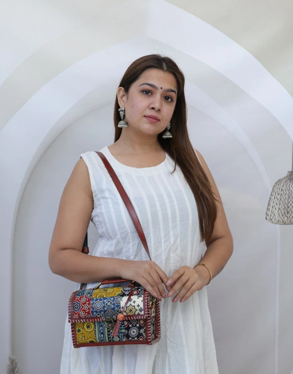 Ajarakh Patchwork Hut Leather Sling Bag