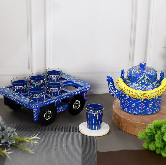 🎨 Hand-Painted Aluminium Tea Kettle Set with 6 Glasses & Wooden Tray