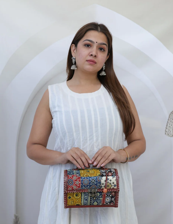 Ajarakh Patchwork Hut Leather Sling Bag