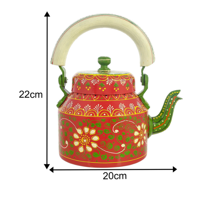 🎨 Hand-Painted Aluminium Tea Kettle Set with 6 Glasses & Wooden Tray