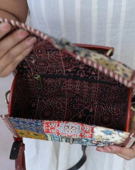 Ajrakh Patchwork Hut – The Leather Sling Bag