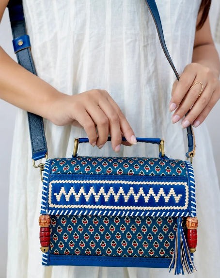 Blue Ajrakh Hut – Handcrafted Silk & Leather Sling Bag