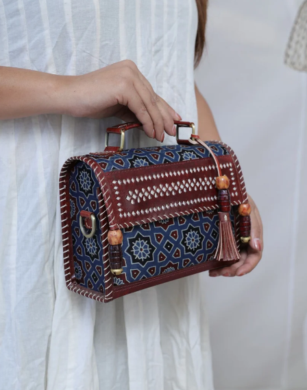 Indigo & Brown Ajrakh Hut – Handcrafted Silk & Leather Sling Bag