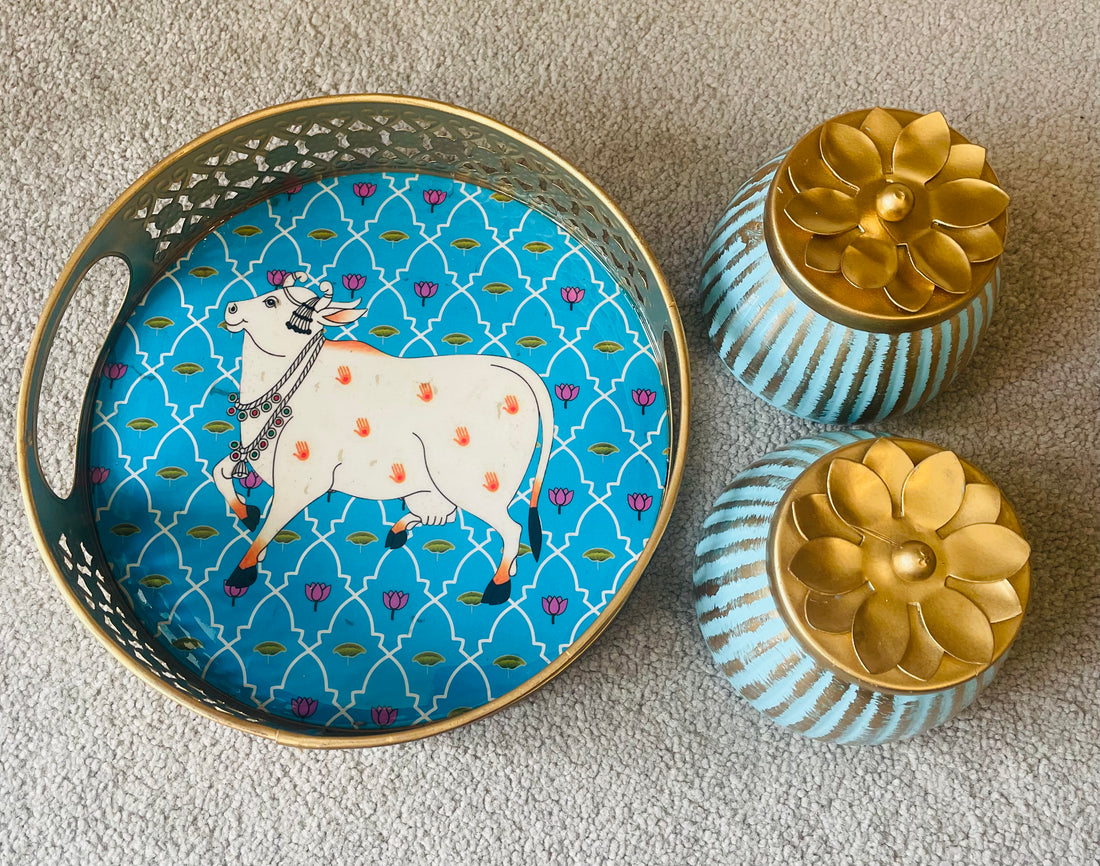Handcrafted Pichwai Painted Tray and jar set