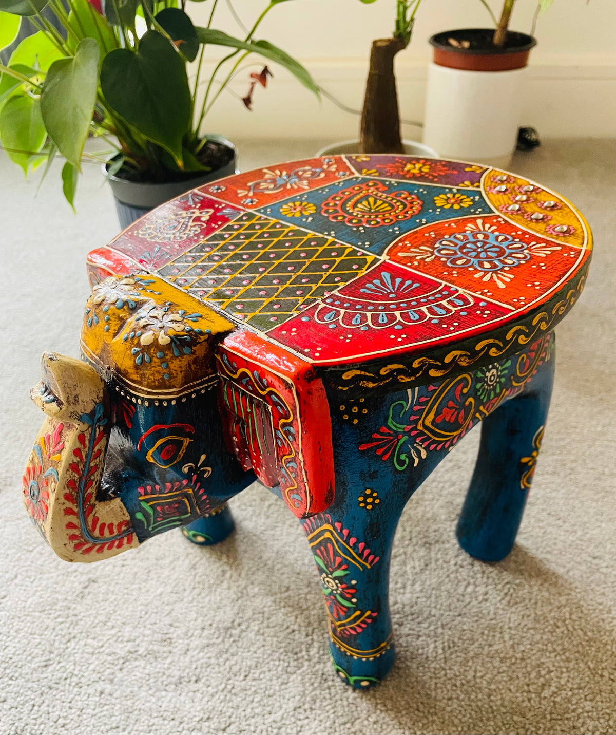 Handcrafted Handpainted Wooden Elephant Stool
