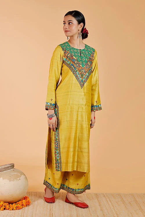 Gajanand Mayur' Handpainted Madhubani Tussar Silk Kurta
