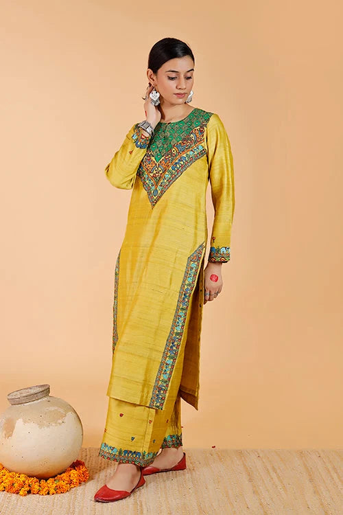 Gajanand Mayur' Handpainted Madhubani Tussar Silk Kurta