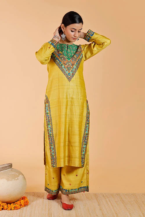 Gajanand Mayur' Handpainted Madhubani Tussar Silk Kurta