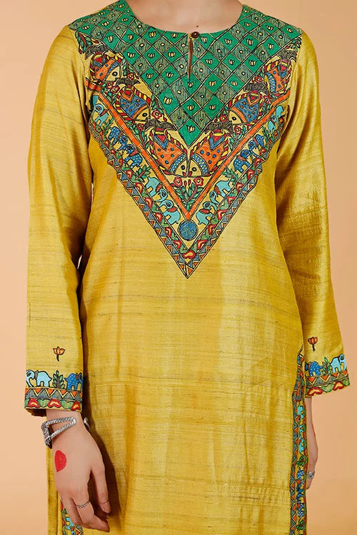 Gajanand Mayur' Handpainted Madhubani Tussar Silk Kurta