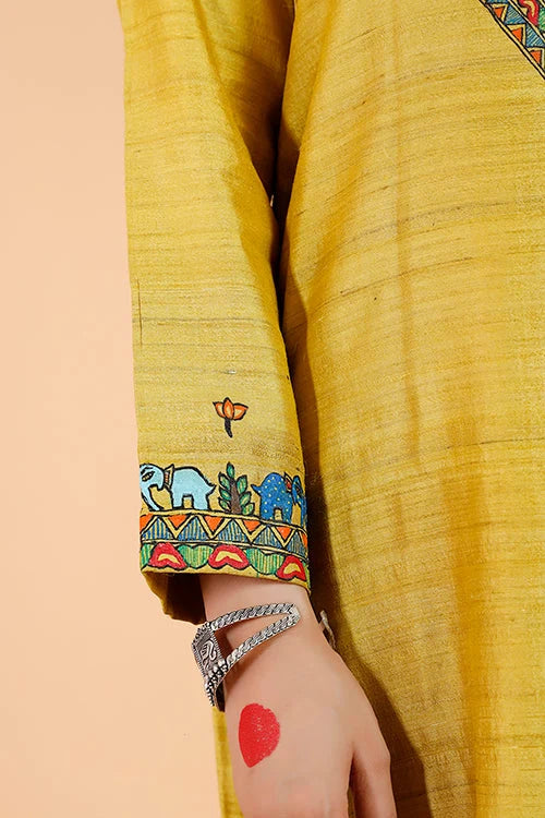 Gajanand Mayur' Handpainted Madhubani Tussar Silk Kurta