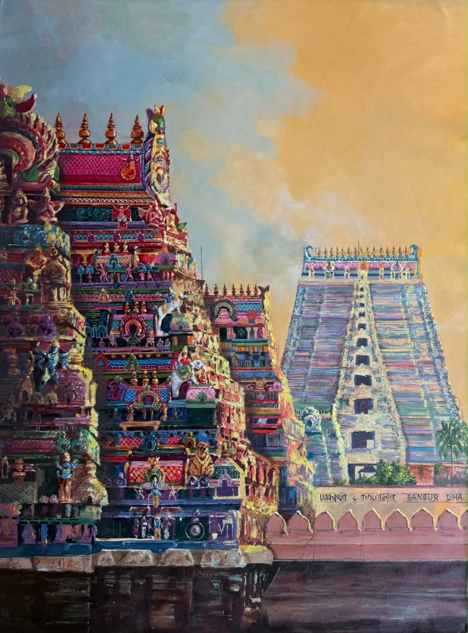 Temple of a Thousand Stories – South Indian Gopuram Acrylic Canvas Painting (4 × 3 ft)