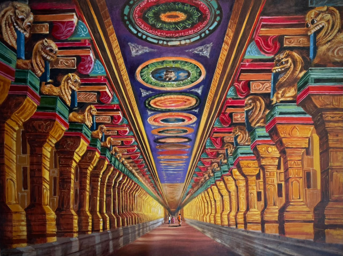 Sacred Symmetry – Meenakshi Temple Inspired Acrylic Canvas Painting (4 × 3 ft)