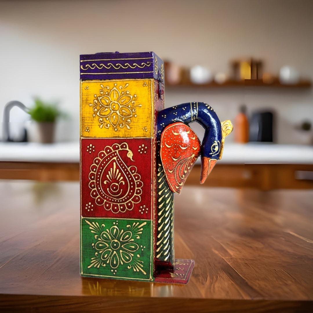 Handcrafted Wooden Wine Bottle Stand – Peacock / Elephant Design