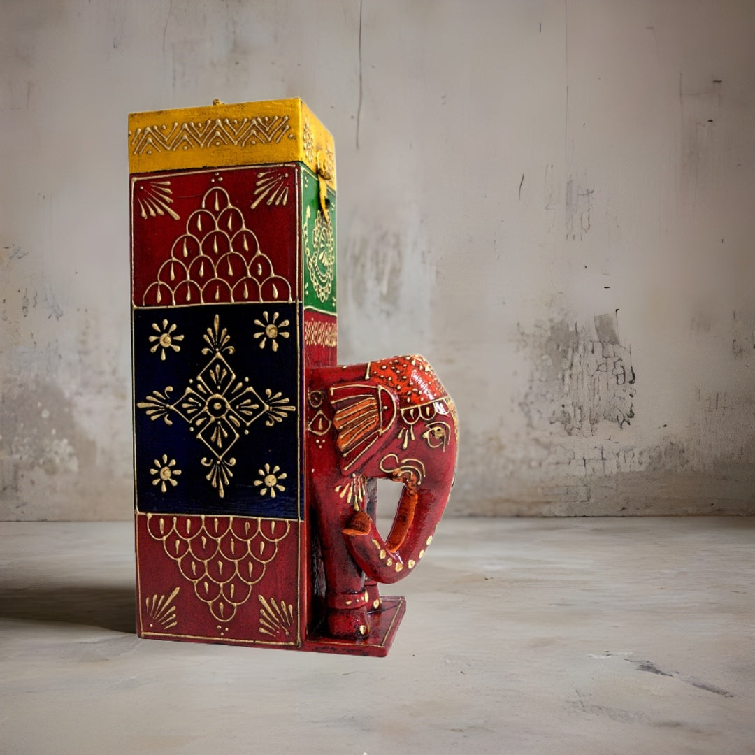 Handcrafted Wooden Wine Bottle Stand – Peacock / Elephant Design